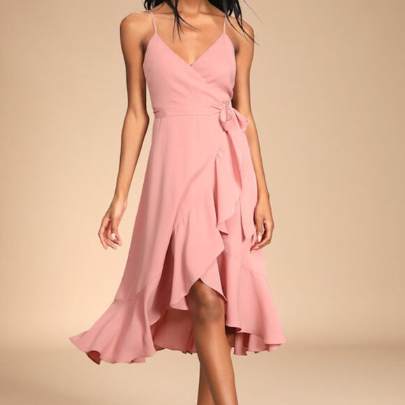 Lulus Dresses & Skirts - Lulus Manhattan Moment Mauve Ruffled Midi Wrap Dress Pink - Size S